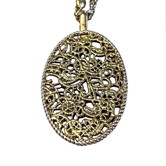 Monet Gold & Silver Double Strand Floral Pendant Necklace - Picture 4 of 6